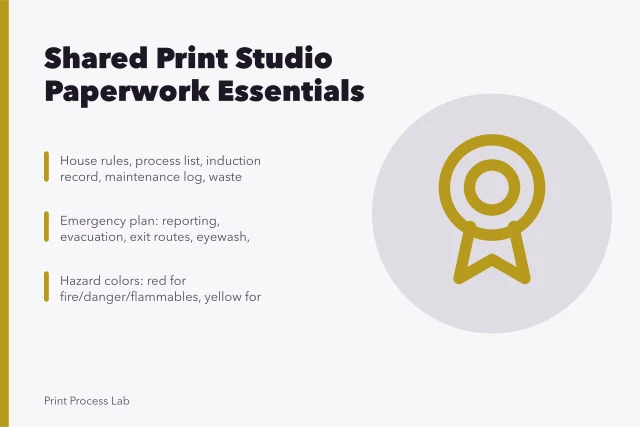 Checklist of shared print studio documents: house rules, induction, maintenance, waste, emergency plan. Beyond the press: paperwork a new shared print studio actually needs