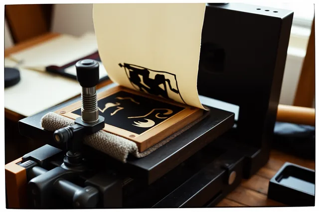 Linocut proof lifting off an inked block on a small etching press. Do deliberate mistakes really teach printmaking faster than caution?