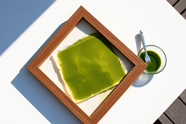 Spinach anthotype contact print in a frame exposed to direct sunlight, showing green and yellow tones. Anthotype Process with Spinach Juice: Sun-Printed Photographs