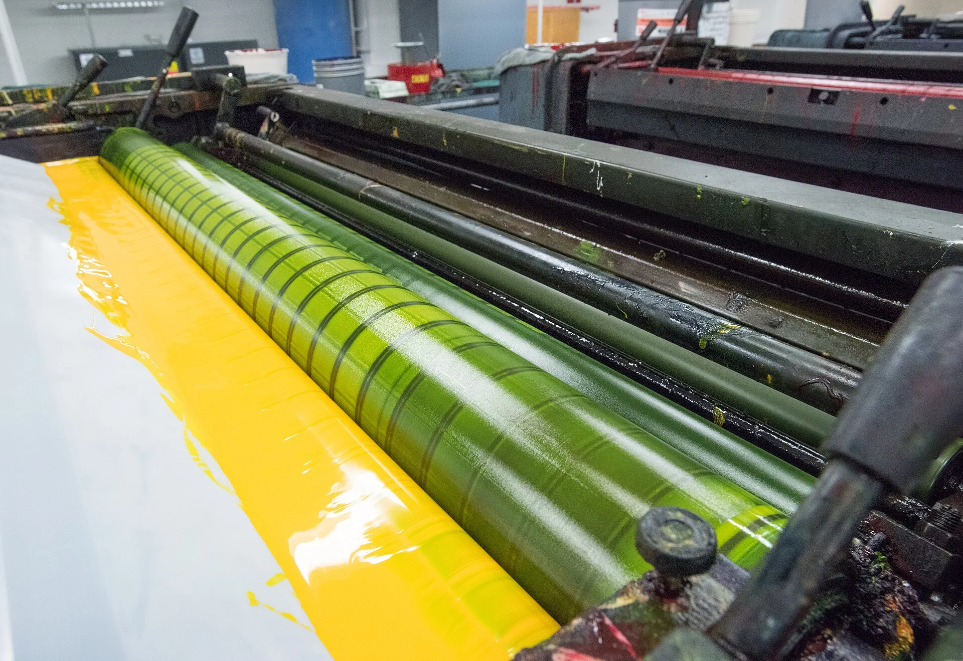 The transfer roller picks up a smooth even coating of yellow ink on a Government Printing Office (GPO) Heidelberg sheet-fed press, during the process of printing test prints for U.S. Department of Agriculture (USDA) Office of Communication (OC) Printing Services Director Cynthia McNeill to perform h. Habits that quietly wreck a beginner printing press