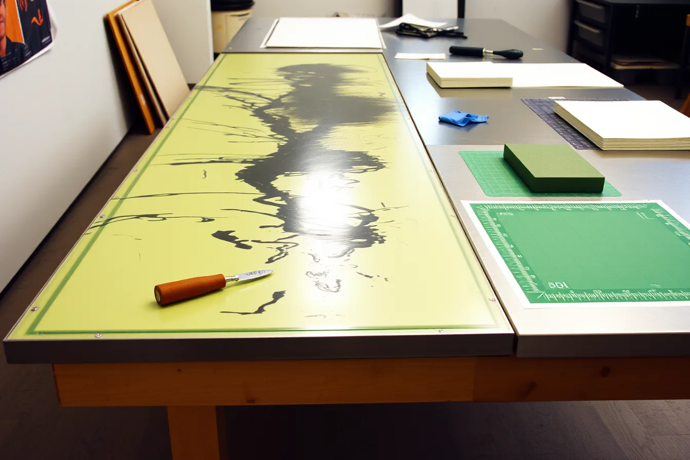 Shared printmaking studio bench with glass ink surface, steel wet bench, cutting mat. How to build shared studio benches that survive every user