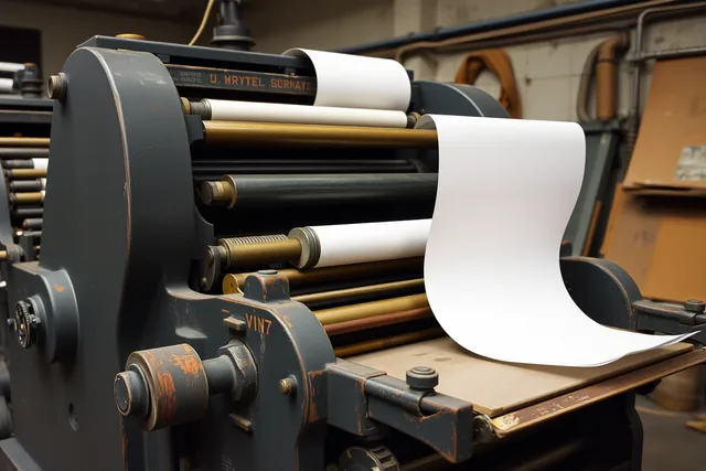 Used offset printing press with ink rollers and printed sheet in workshop. Buying a used press in Canada, CBSA duties and GST/HST at the border