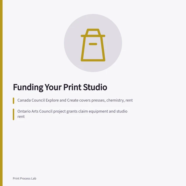 Grant funding options for printmaking presses, chemistry, and studio rent. How Canada Council grants cover presses and rent for a home print studio