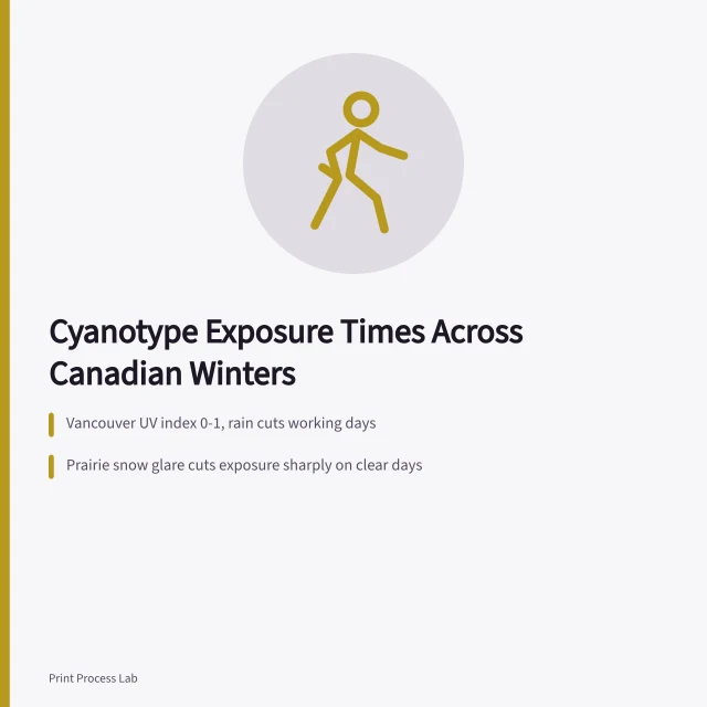 Cyanotype exposure times vary by Canadian province due to UV, snow, and cloud. How cyanotype exposure times change across Canadian winters by province