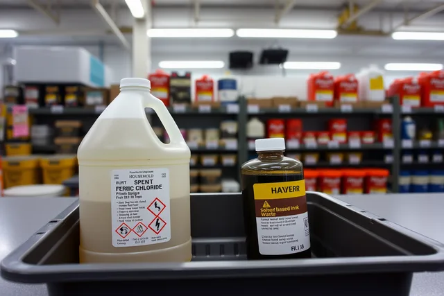 Labelled chemical waste jugs at a household hazardous waste depot drop-off. How to Dispose of Printmaking Chemicals in Canada