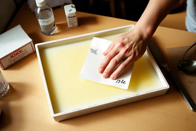 Hand pressing paper onto a soft gelatin plate to pull a monoprint. Gelatin Plate Monoprint Recipe: A Reusable Printmaking Surface