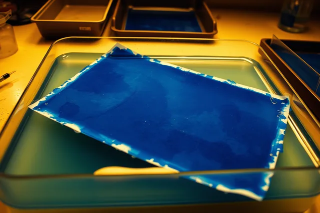 Cyanotype print washing in a tray of plain water, blue image forming. The cyanotype process, stage by stage: coating through to the final wash