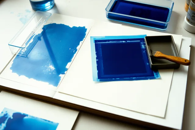 Cyanotype print coated with sensitizer under a digital negative in a contact frame. Cyanotype editions: how independent makers negative, tone and number a print