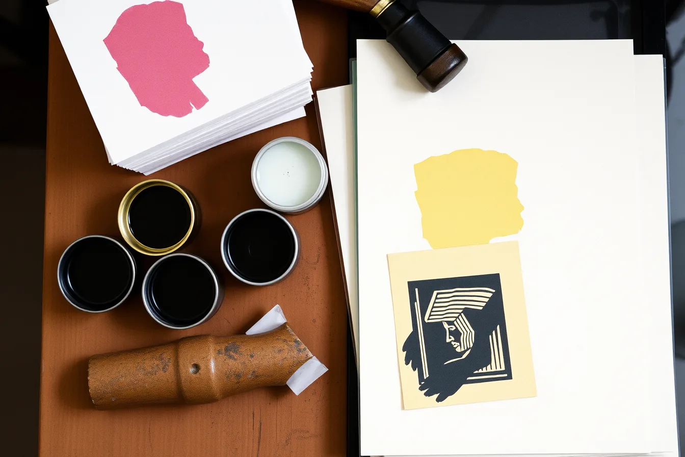 Printmaking inks, brayer, and standard paper beside a freshly pulled linocut print. 4 things worth knowing about printmaking inks and paper