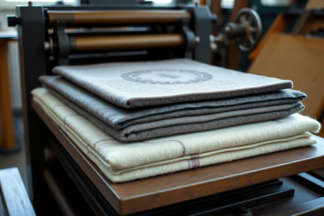 Layered wool felt blankets and packing on an etching press bed in a studio. Printing press materials: blankets, plates and paper explained