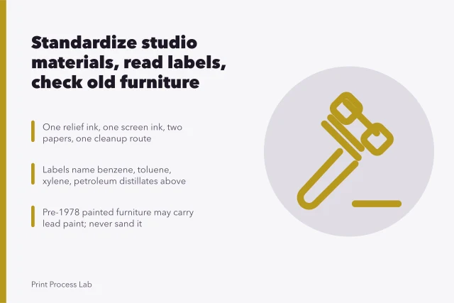 Card on standardizing print studio materials, regulated labels, and lead paint checks. How to choose materials for an independent print studio: the short version
