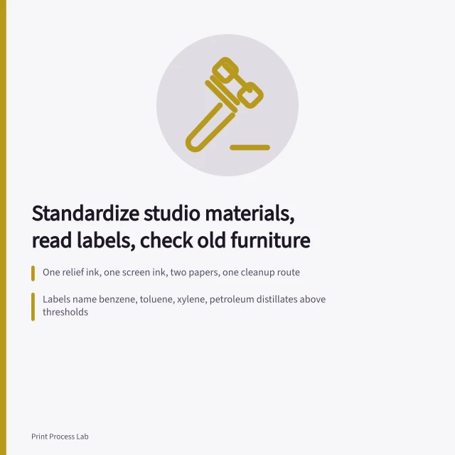Card on standardizing print studio materials, regulated labels, and lead paint checks. How to choose materials for an independent print studio: the short version