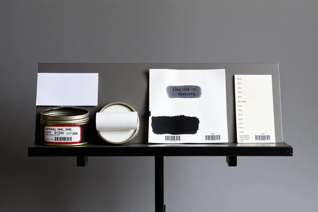 Printmaking supplies with labels and swatches photographed on a copy stand under fixed light. Photographing printmaking supplies for sale, insurance or inventory