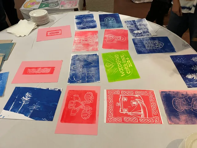 Prints made by attendees of linocut print workshop by Aoife Cawley at the Celtic Knot 2024 conference in Waterford, Ireland. Organizing home printmaking projects
