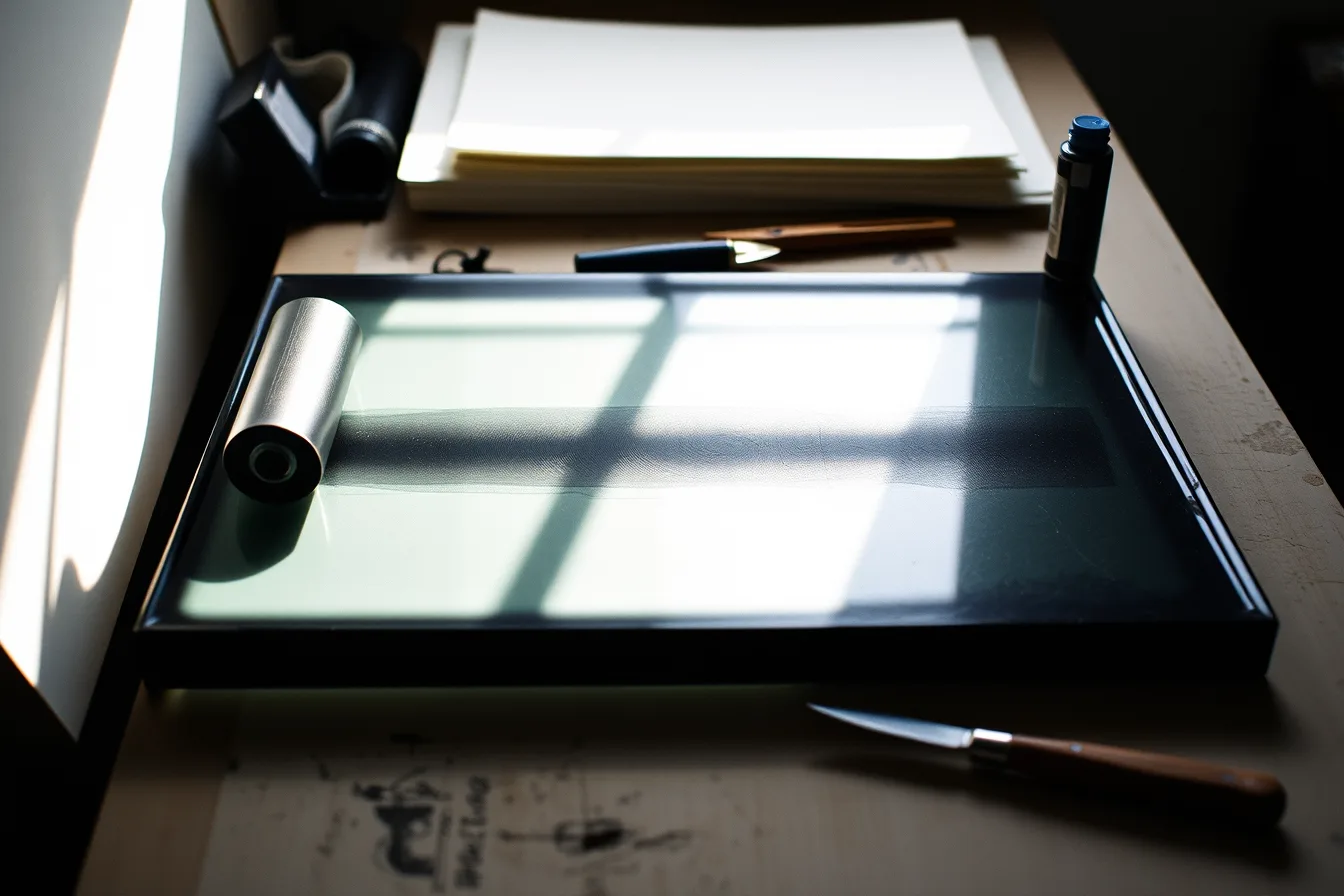 Brayer rolling black ink across a side-lit glass slab at a printmaking bench. Printmaking inks and paper: setting up a bench that works