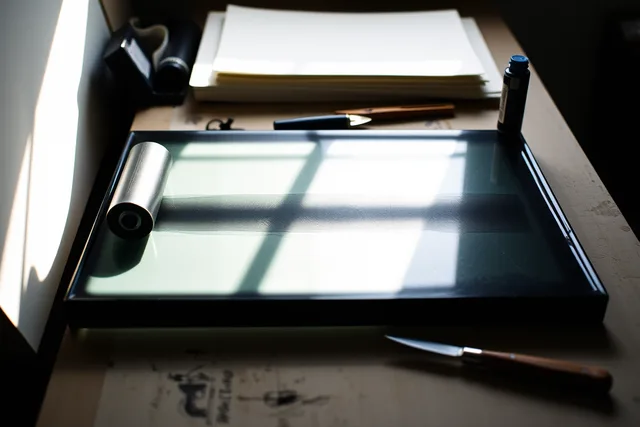 Brayer rolling black ink across a side-lit glass slab at a printmaking bench. Printmaking inks and paper: setting up a bench that works