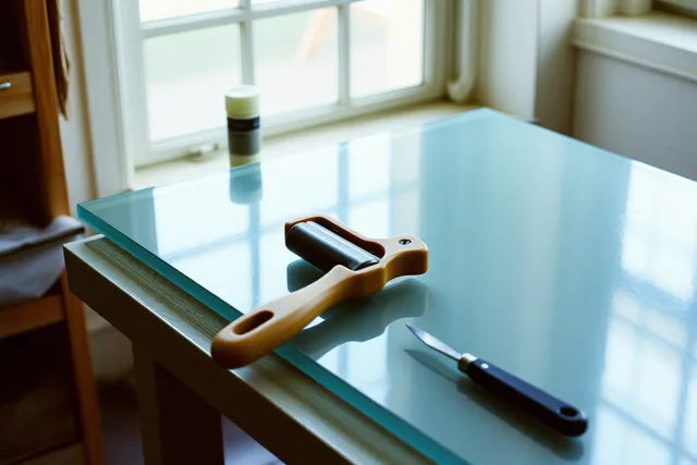 Printmaking ink rolled out on a glass slab with a hand brayer. 4 things to weigh up on printmaking inks and paper