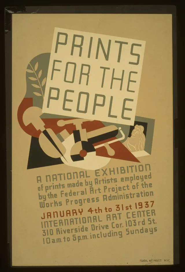 Title: Prints for the people Abstract: Poster for Federal Art Project exhibition of prints by WPA Federal Art Project artists at the International Art Center, 310 Riverside Drive a. The costliest printmaking mistakes, explained