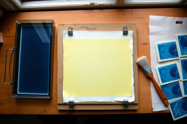 Cyanotype contact frame holding coated paper, negative, and glass under clips. Sequence your cyanotype purchases so the essentials come first