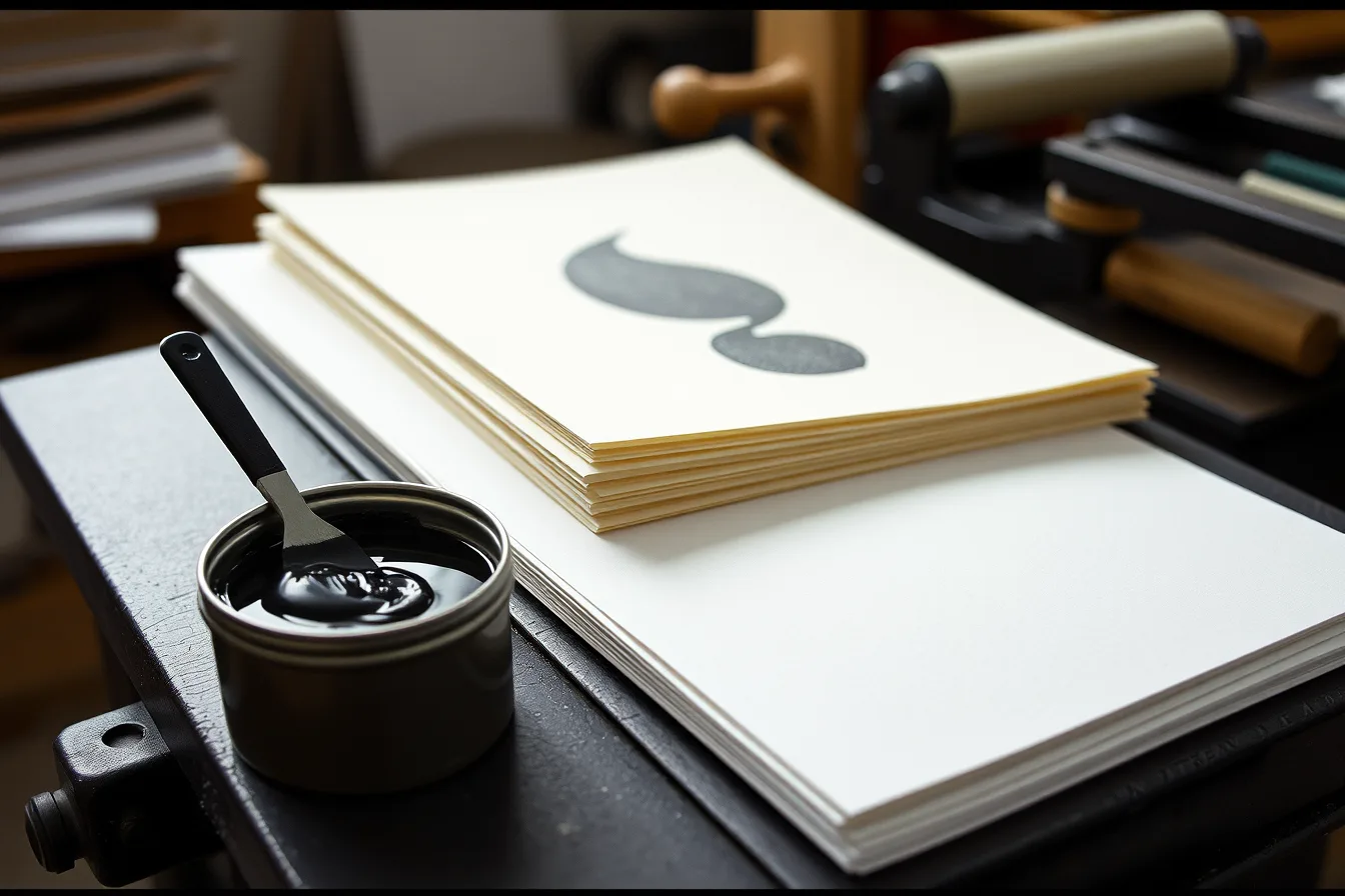 Black ink tin, transparent base and three printmaking papers on a press bed. Printmaking inks and paper: what the experienced already know