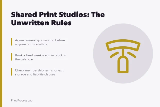 Card on shared print studio ownership, admin hours and membership terms. Working makers on what indie print studios keep quiet about
