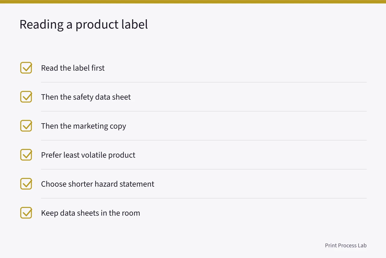 Checklist for reading labels, data sheets and choosing less hazardous studio products (How to choose materials for an independent print studio: the short version)